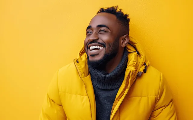 Laughing man in yellow jacket against bright yellow background with visible teeth and beard