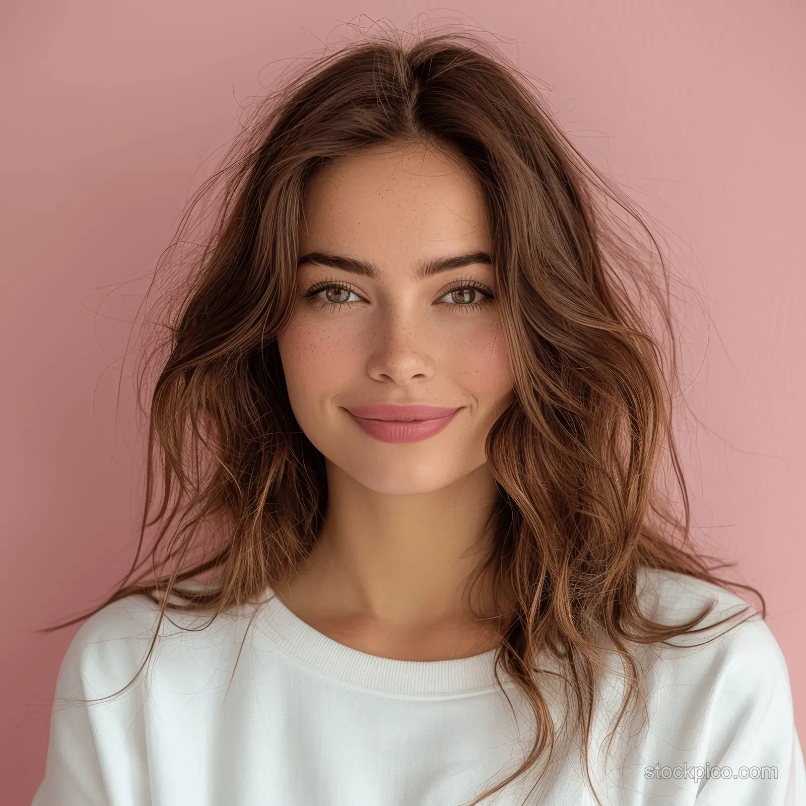 Smiling brunette woman wearing a white sweatshirt in front of a pastel pink background.