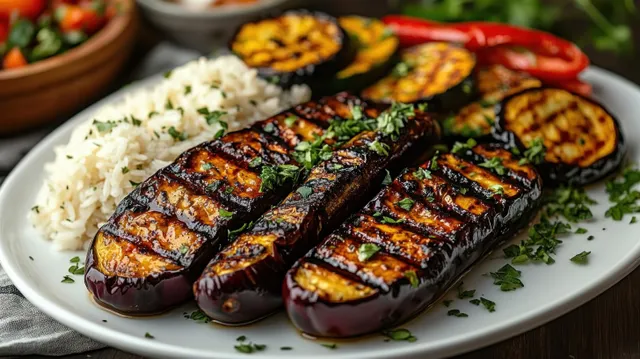 Charred grilled eggplant slices on a plate with white rice, fresh herbs, zucchini, and red chili peppers.