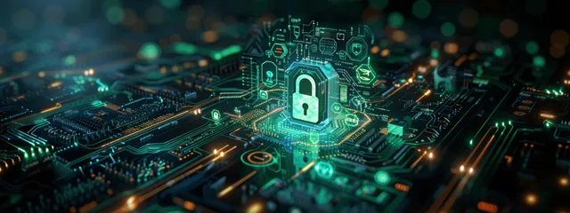 Holographic lock over glowing circuit board, illustrating encrypted secure network access