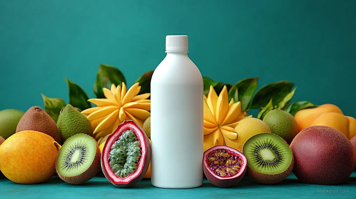 A white bottle sits in front of passion fruit halves, kiwi slices, and other tropical fruit on a teal background with green leaves.