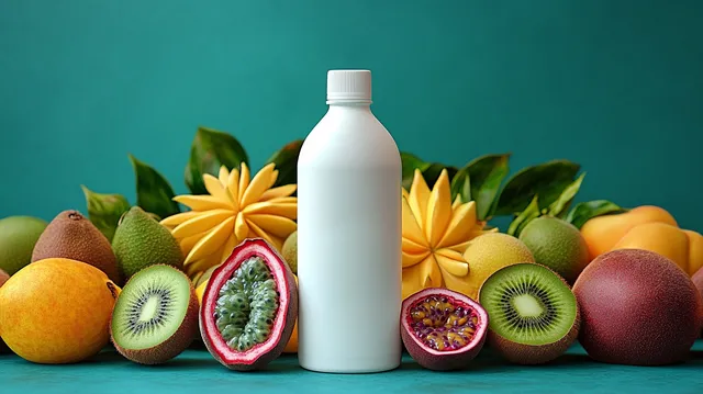White bottle centered with tropical fruits and cut halves on teal background with fresh green leaves