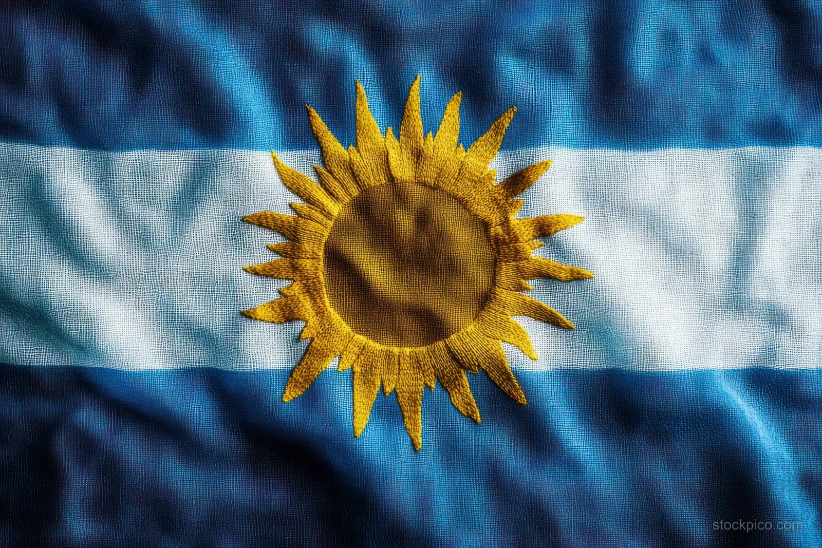 Blue and white striped textured fabric with a centered yellow sun emblem visible through fabric folds.