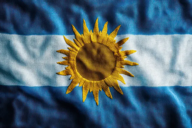 Blue and white striped textured fabric with a centered yellow sun emblem visible through fabric folds.