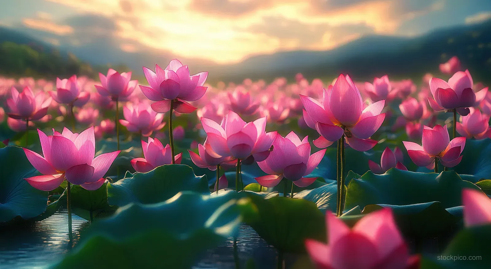 Pink lotus flowers bloom over calm water, reflecting sunset light among green leaves and distant hills.