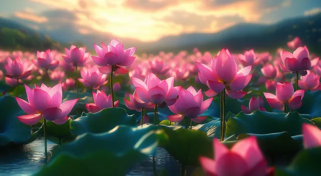 Pink lotus blossoms rising from calm water, reflecting at sunset over green leaves