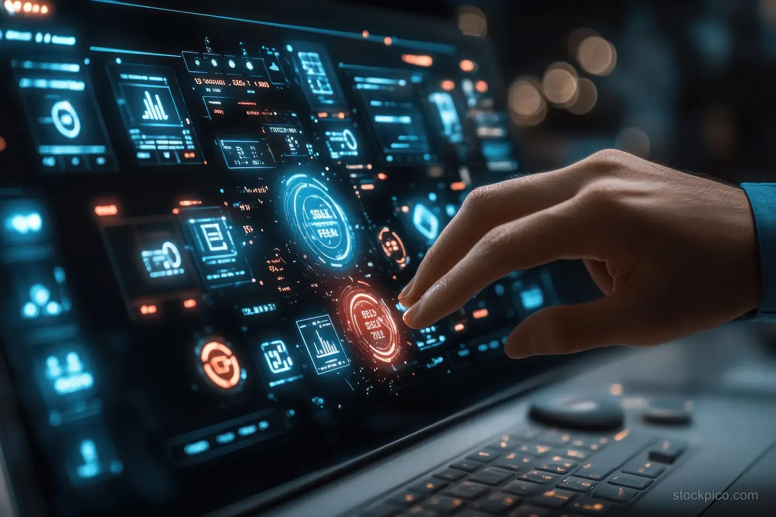 A hand touches a glowing sales analytics dashboard on a laptop screen.