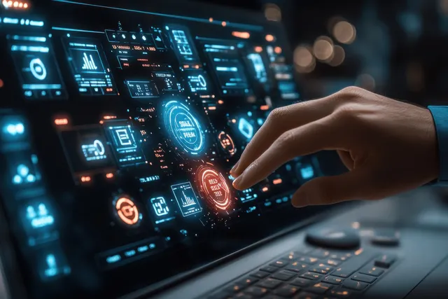 Hand Touching Sales Analytics Dashboard on Glowing Laptop Screen