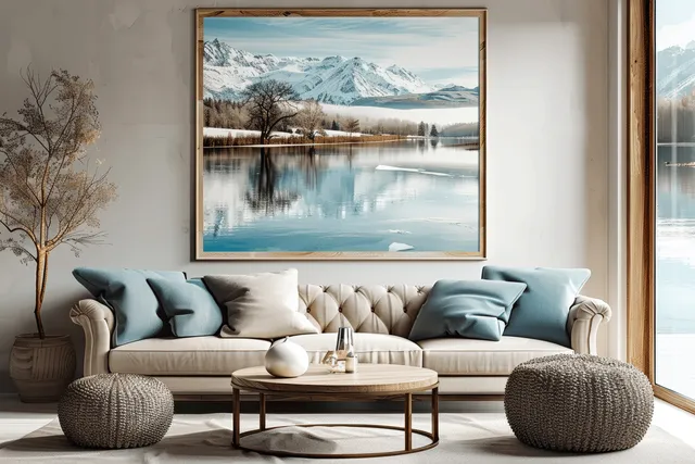 Tufted sofa with blue pillows and a wooden-framed mountain lake landscape print near a bright window.