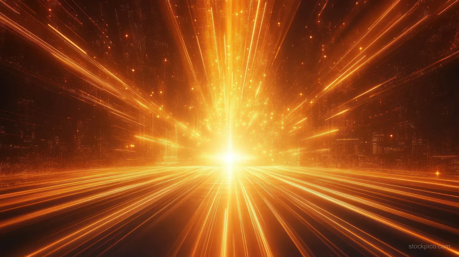 Golden radiating light beams burst from the center over a dark illuminated cityscape silhouette.