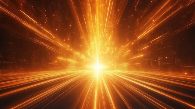 Golden light beams explode from center, glowing cityscape silhouette at night background