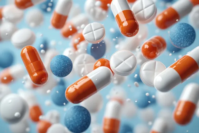 Orange capsules and white tablets float on a soft blue background with scattered pill details.
