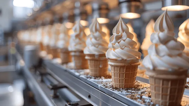 Frozen soft-serve waffle cones lined on a conveyor belt inside an industrial dairy plant