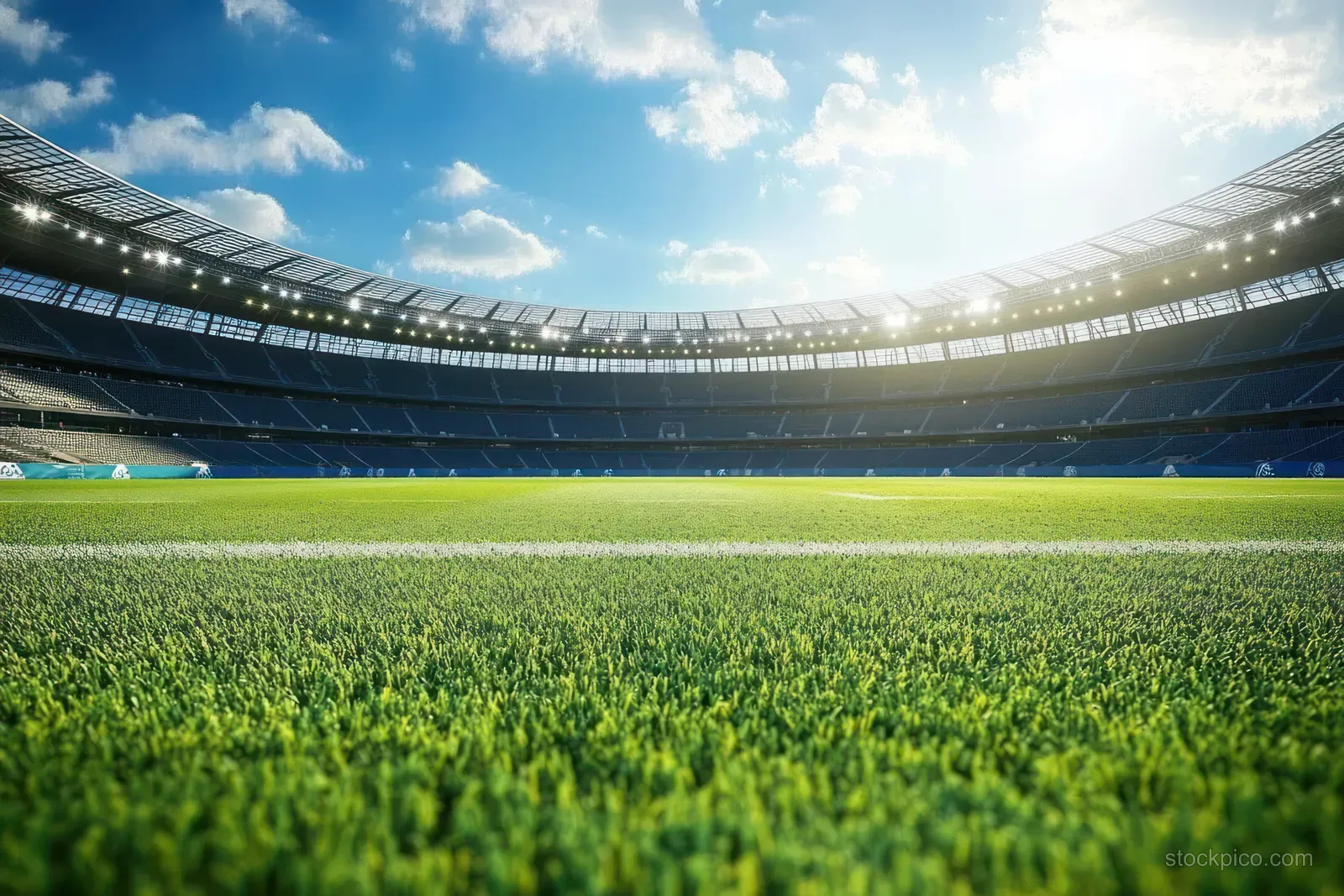 Sunlit football pitch inside an empty stadium with green grass, curved stands, and stadium lights under a blue sky.