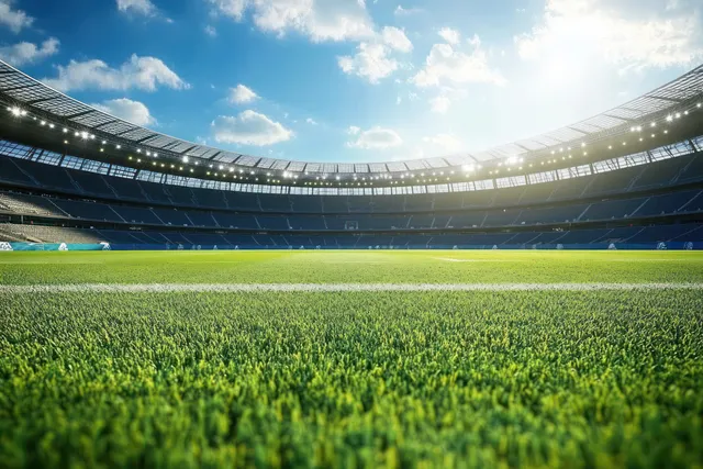Sunlit football pitch inside an empty stadium with green grass, curved stands, and stadium lights under a blue sky.
