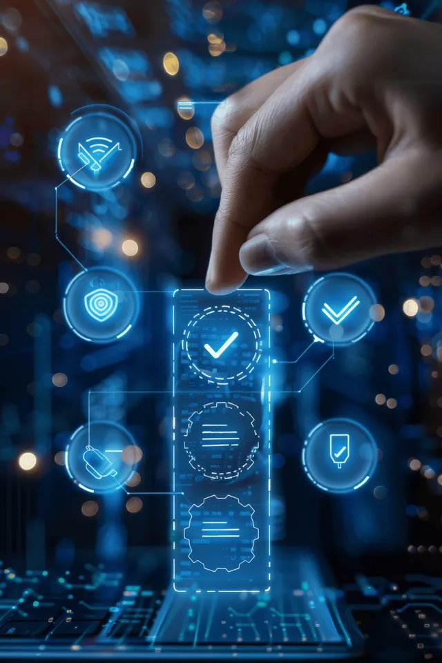 A hand operates a glowing digital interface with document panels and blue checkmark verification icons.