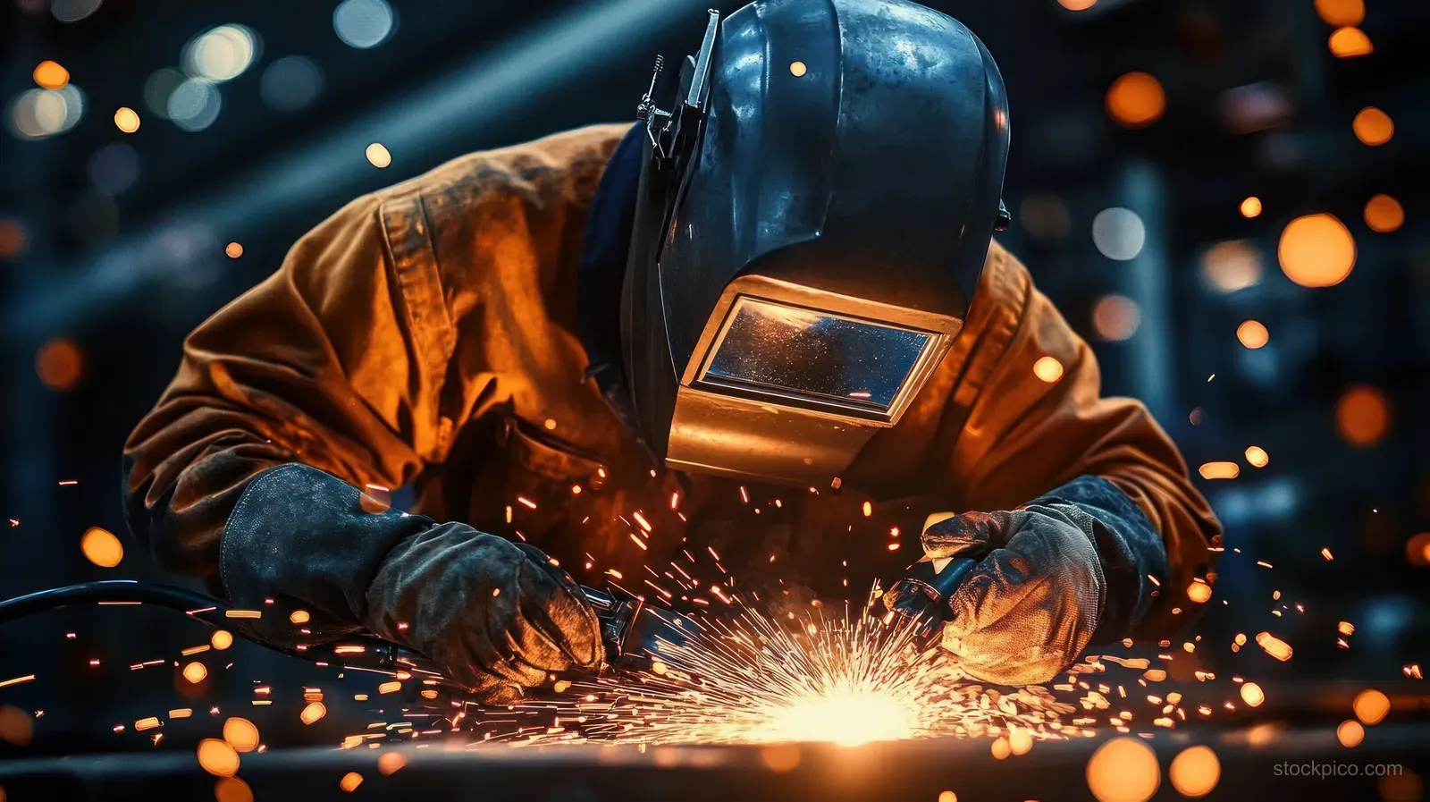 A welder in protective gear welds steel, with bright orange sparks flying in an industrial workshop.