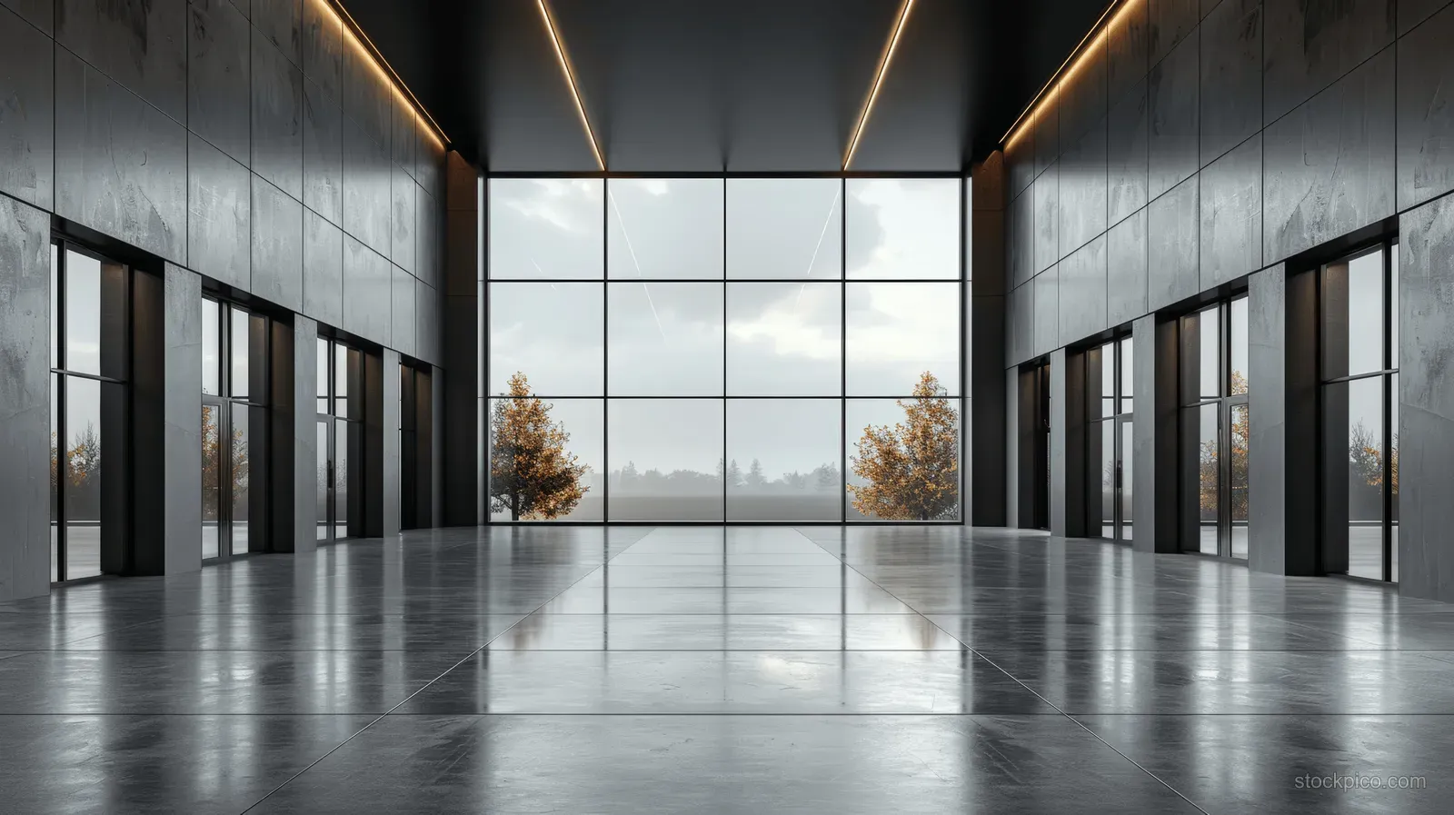 A minimalist glass entrance corridor with concrete floor, dark metal windows, and warm ceiling light strips.