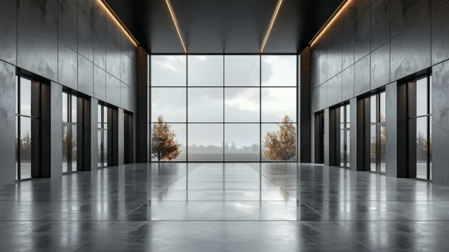 A minimalist glass entrance corridor with concrete floor, dark metal windows, and warm ceiling light strips.
