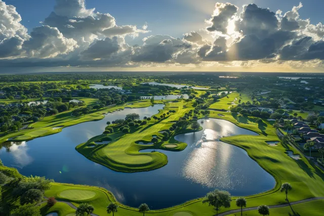 Aerial shot shows fairway loops, water hazards, and golfers on a sprawling women’s golf course.