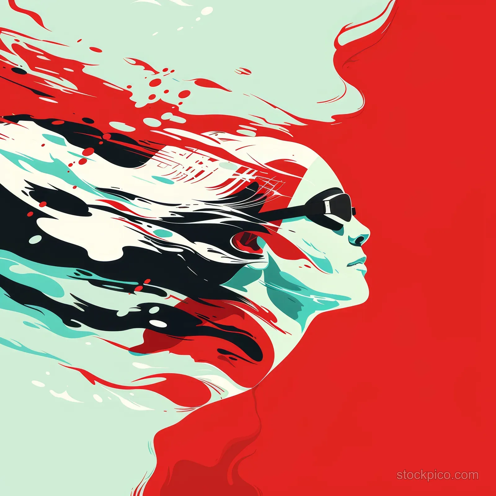 Stylized Canadian female swimmer in a backstroke pose with red splash waves and motion graphics.