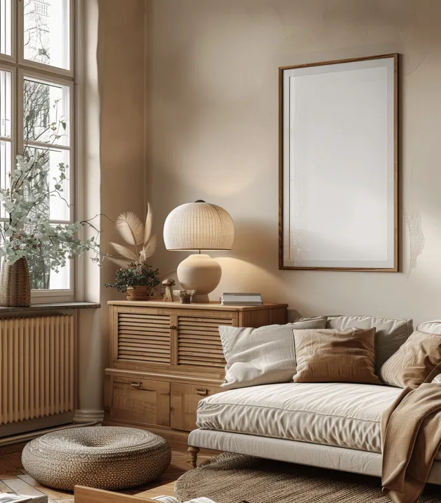 Beige sofa and wooden sideboard sit beside a blank framed poster while warm lamp light and potted plants fill the room.