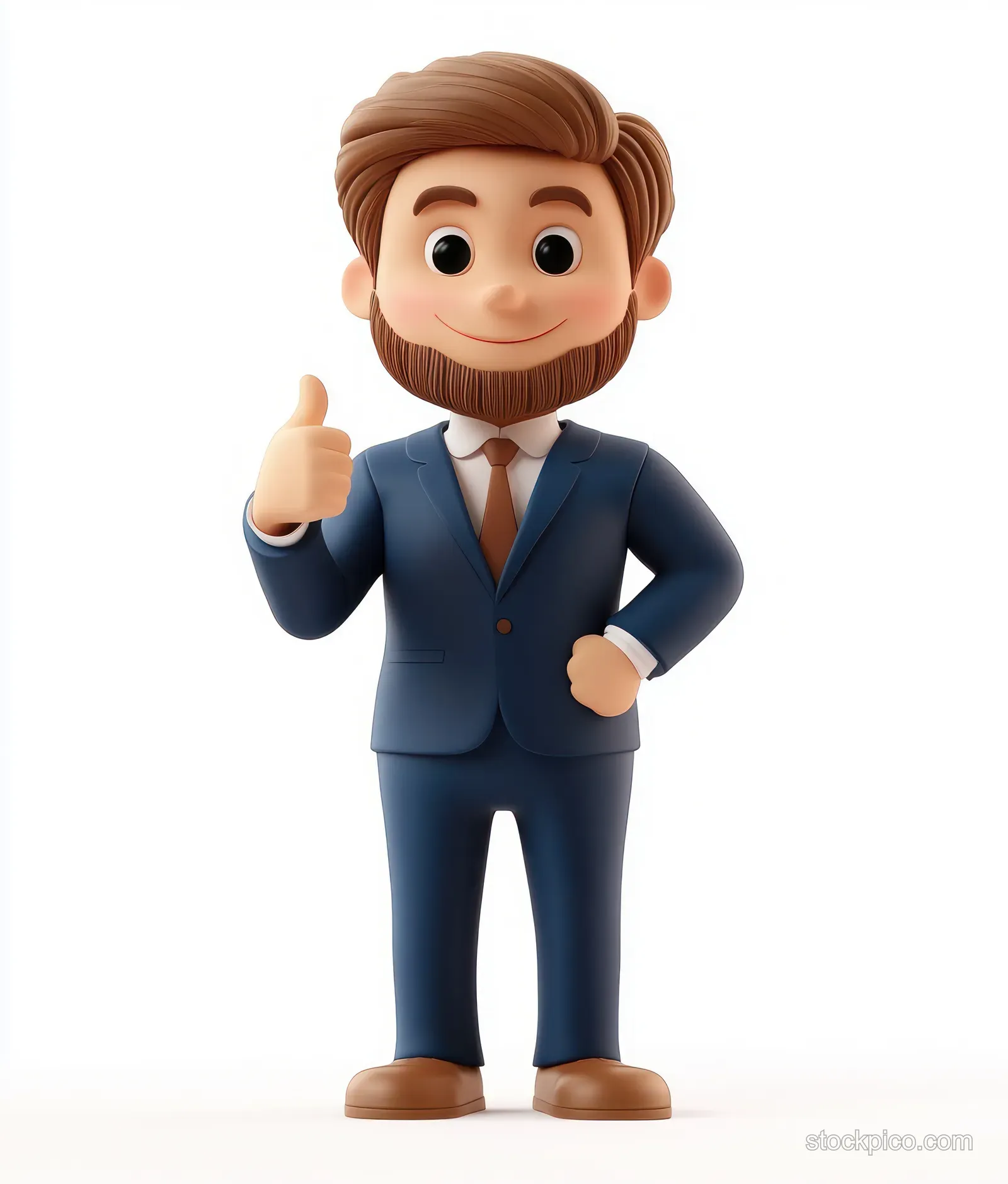 A bearded businessman in a navy suit smiles and gives a thumbs up in a 3D cartoon portrait on a white background.