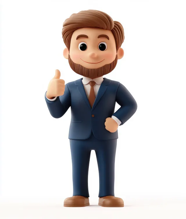 A bearded businessman in a navy suit smiles and gives a thumbs up in a 3D cartoon portrait on a white background.