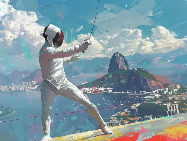 A French modern pentathlete lunges with a fencing foil in front of Rio de Janeiro landmarks and a bright skyline.