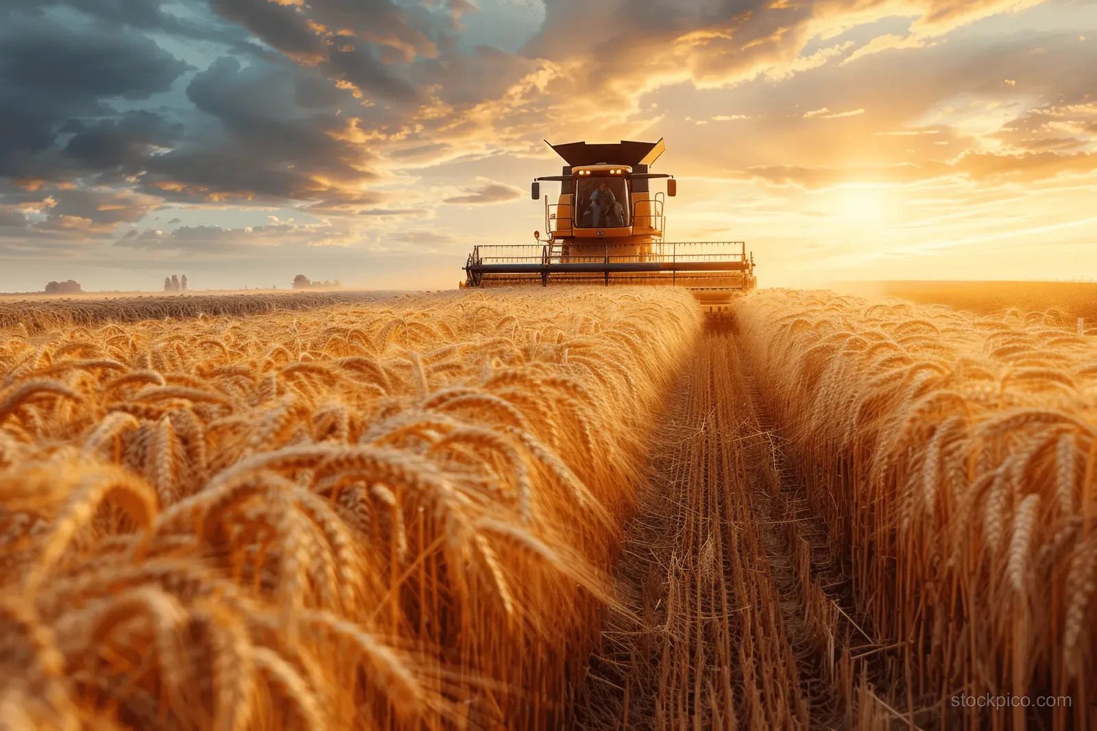 A combine harvester cuts golden wheat rows in a rural field under a sunset sky.