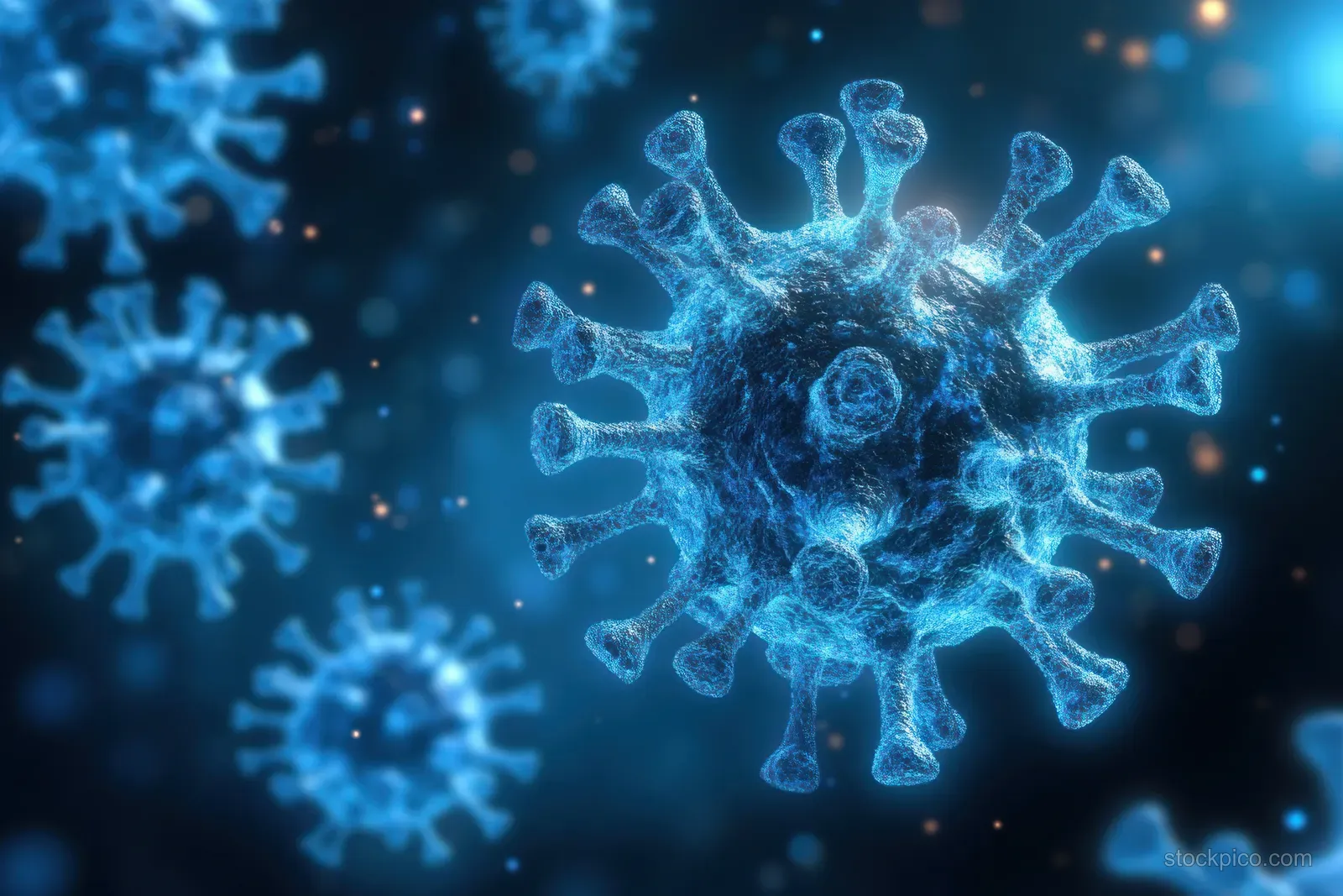 A glowing blue 3D virus model with spiky molecular structure floats over a dark, blurred field of particles.