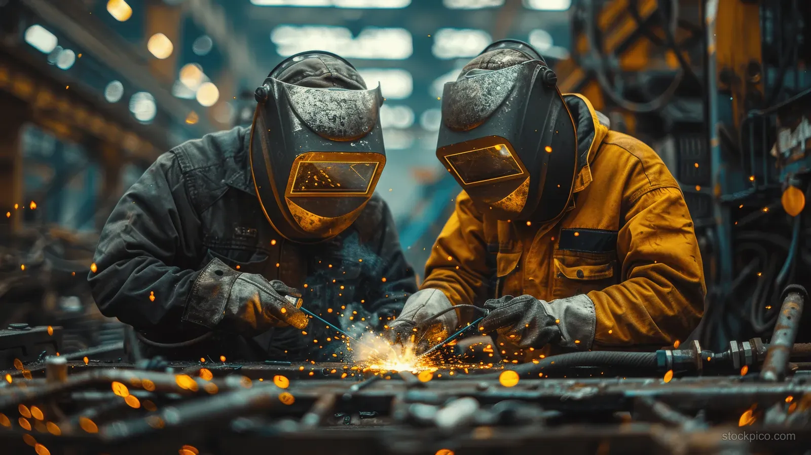 Two workers arc-weld steel in a factory workshop while bright sparks fly around their protective masks.