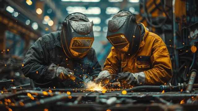 Two welders arc-welding steel in a factory workshop, sparks bursting around protective masks
