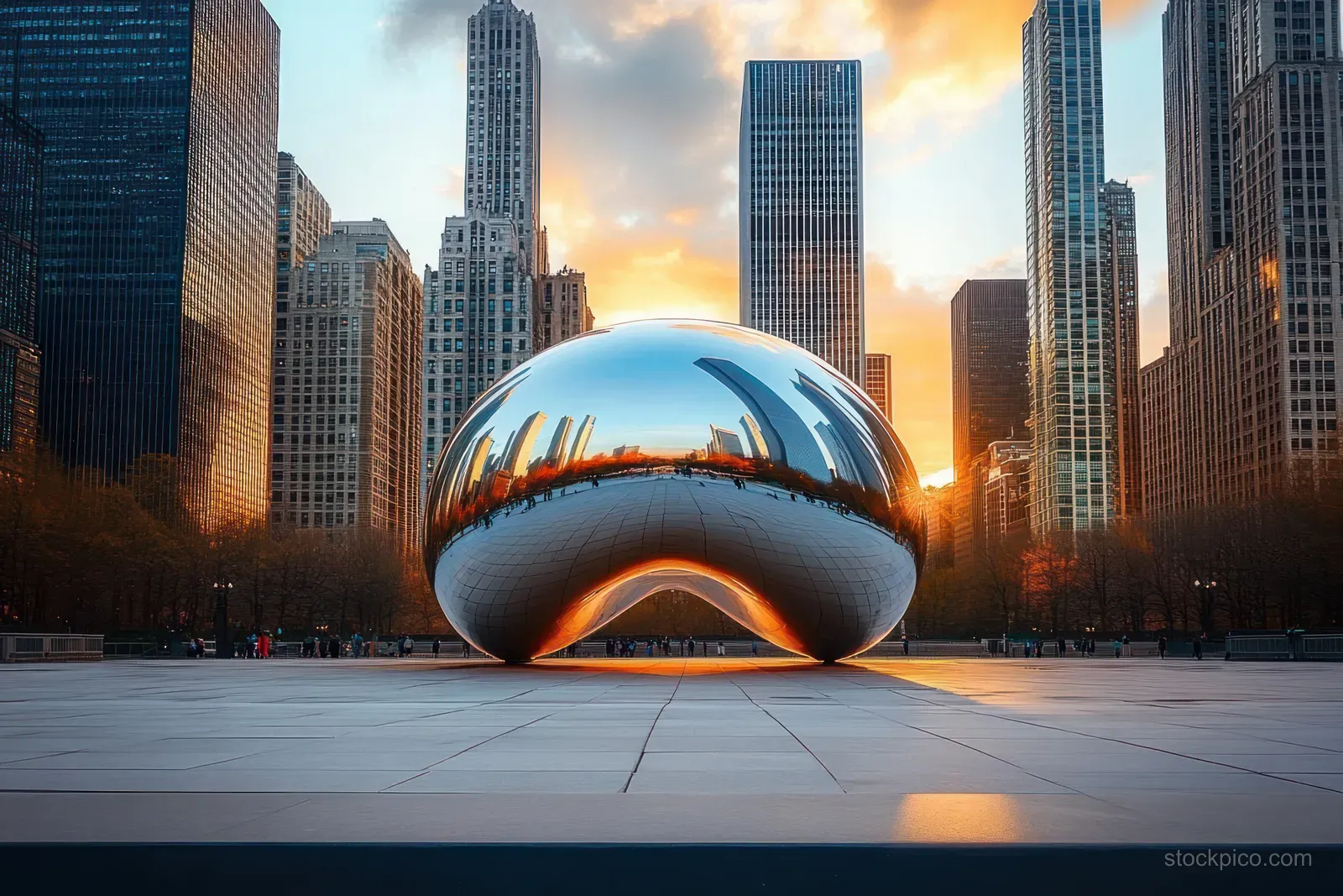Cloud Gate reflects Chicago skyscrapers and sunset colors in an open plaza at golden hour.