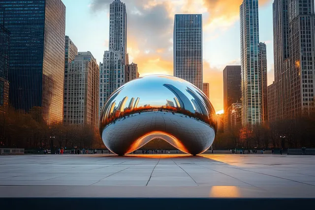 Cloud Gate reflects Chicago skyscrapers and sunset colors in an open plaza at golden hour.