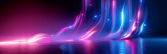 Abstract neon light waves in a dark room, pink blue purple glowing ribbon reflections