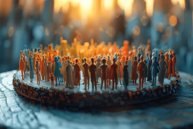 Miniature diverse people gather on circular platform in glowing city