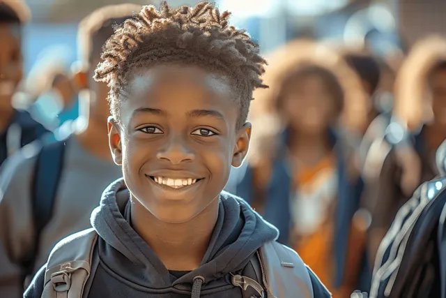 Cheerful student boy with backpack smiling in school hallway, bright faces behind him