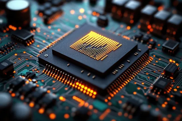 Glowing microchip on a circuit board surrounded by tiny components and orange illuminated connection lines.