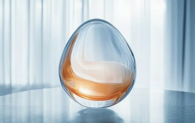 A suspended water droplet reflects warm light against a cool blue blurred background.