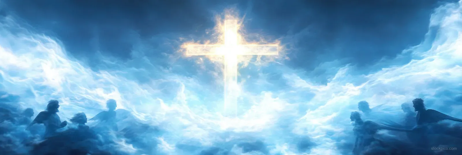 Glowing cross shines through blue clouds as silhouetted people reach upward in worship.