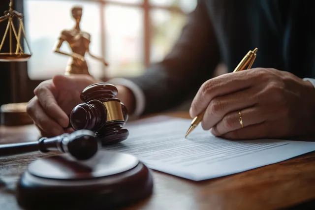 Lawyer signs a legal document beside a wooden gavel and justice statue on desk