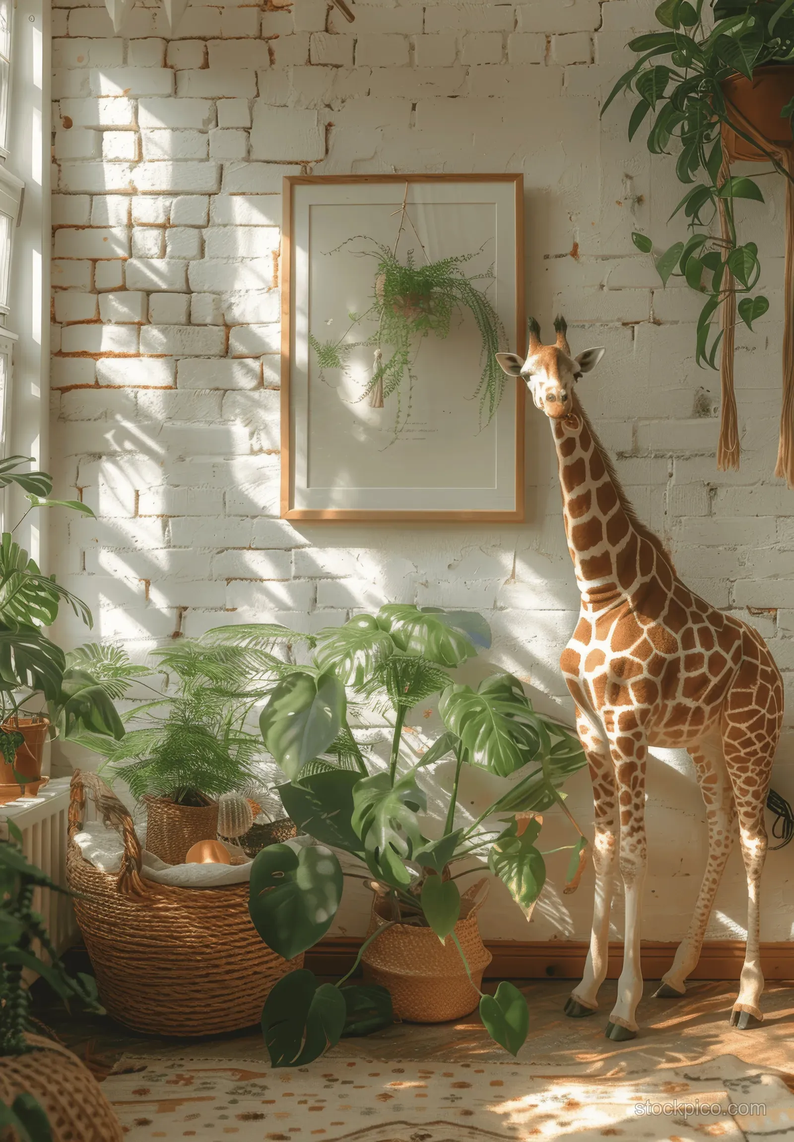 Giraffe decor stands beside a wooden framed wall artwork and potted plants in a sunlit nursery interior.