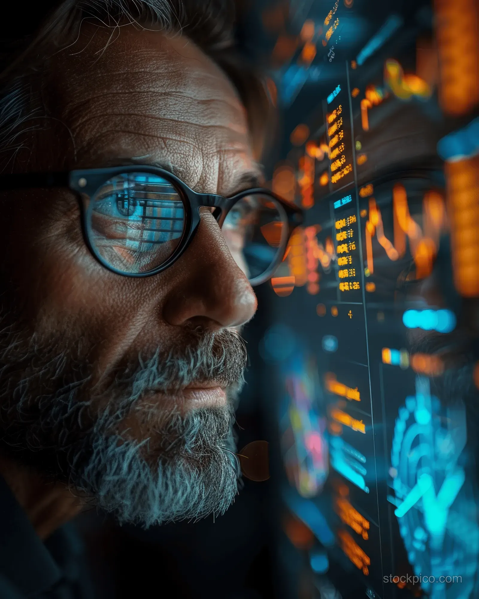 Bearded analyst with glasses looks at glowing analytics screens while charts and code light up the background.