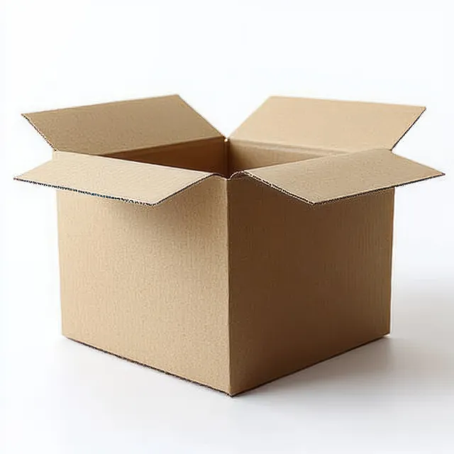 Open cardboard shipping box on white background with visible corrugated texture and flaps