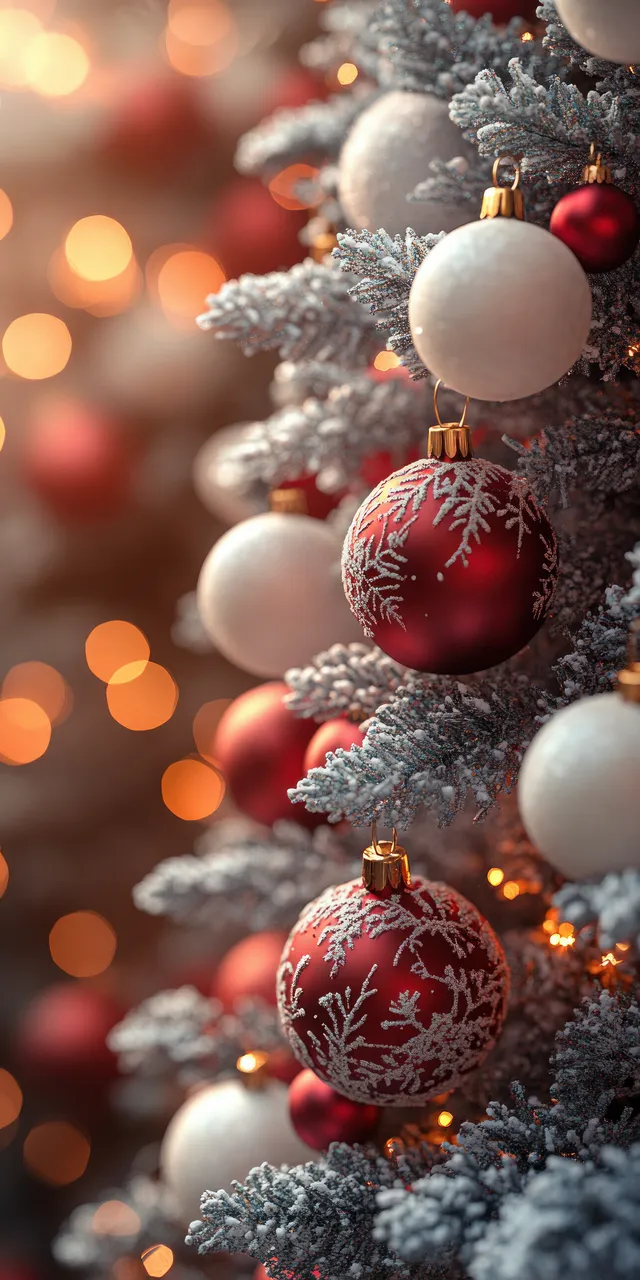 Snowy Christmas tree close-up with red and white ornaments and warm glowing lights in a blurred winter background.