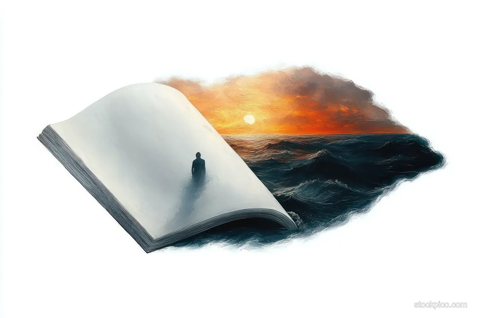 A solitary silhouette stands on a blank page while ocean waves and a sunset rise from an open book.