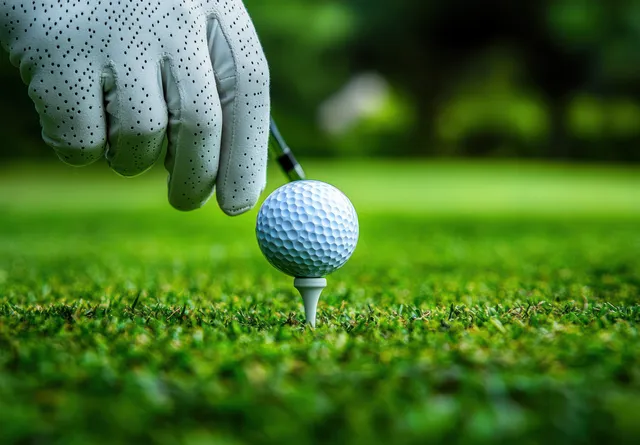 A gloved hand places a dimpled golf ball on a tee on a grassy golf fairway with blurred greenery behind.