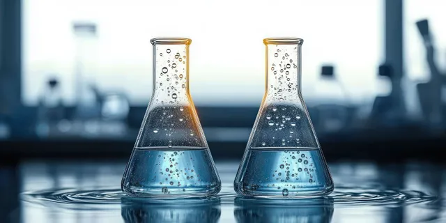 Two conical glass flasks half filled with clear blue liquid and bubbles on a reflective laboratory bench.