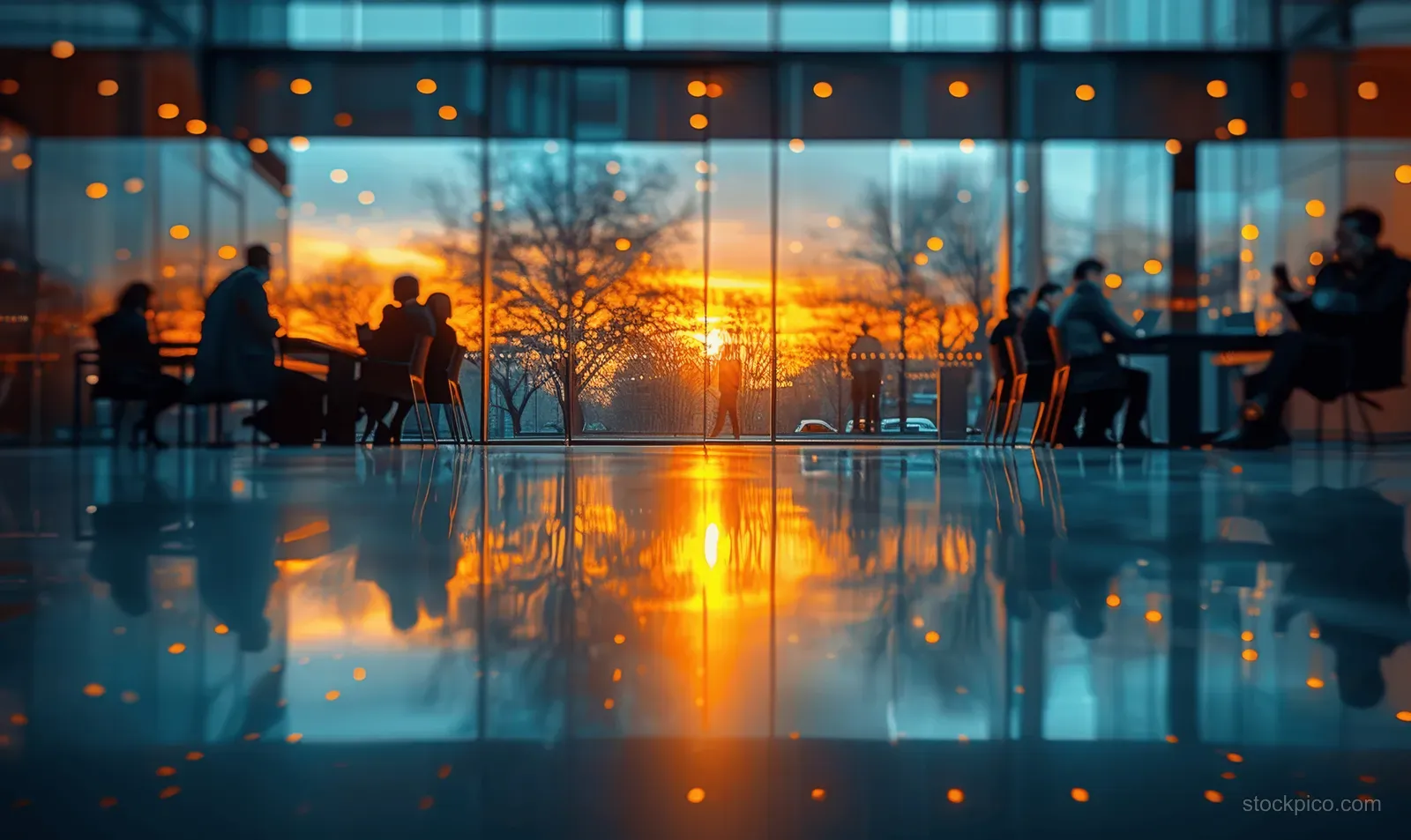 Business team members collaborate with laptops in a meeting room as sunset reflections glow on glass partitions.
